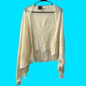 VTG Off-White Crochet & Fringe Shawl / Sz L / Jantzen Coastal Zone / Made in USA